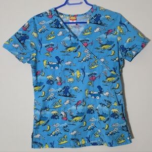 Dr. Seuss One Fish Two Fish Scrub Top Small Pediatric Nurse Blue V-Neck